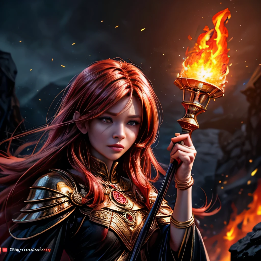 Highly detailed, better quality, 8K, [very detailed], main part, better quality, (very detailed), Dynamic angle, extra long shot, realistic, artแฟนตาซี, art, artแห่งเกม RPG, artที่สมจริง, ภาพมุมกว้างพิเศษของfemale human (1.5 Intricate details, main part, better quality) god of fire ((Fire Magic Aura)), Control the spinning fire spell. (1.5 intense details, main part, better quality), manage [[Magical Fire Watch]] (1.5 Intricate details, main part, better quality), female human, red hair, Long hair has a hot aura., I have a sense of fire., Fire Eye, intense eyes, ((Fire Eye)), ((Bright eyes)), dynamic clothes, fantasy volcano background, Lava Rock(1.5 intense details, main part, better quality), ((Atmosphere of worshiping God)), Highly detailed, better quality, high tone, extraordinarily grand angular
