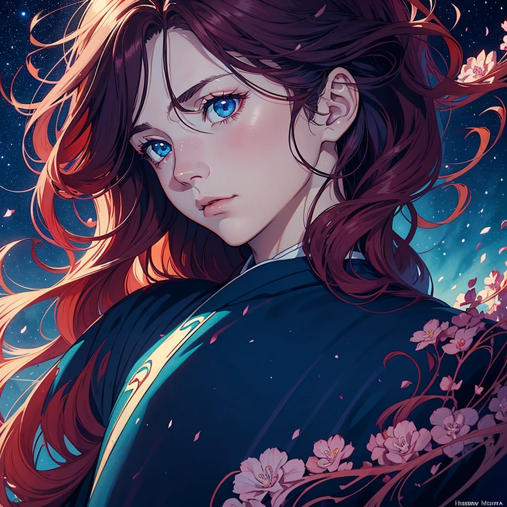 Portrait of a young guy with long burgundy hair and blue eyes, portrait quality, ((Anime style portrait "Pale cherry demons")), ((clean-shaven face)), ((Blue eyes)), ((long burgundy hair)), ((scarlet kimono with dark blue waves)), open air, against the backdrop of the glow of the galaxy, Hydrangea flowers float in the air surrounded by starlight