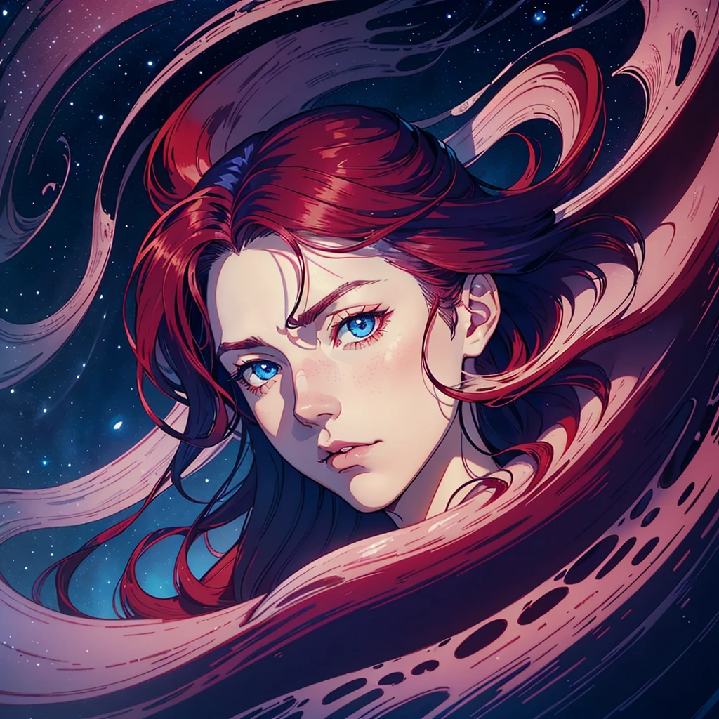 Portrait of a young guy with long burgundy hair and blue eyes, portrait quality, ((Anime style portrait "Pale cherry demons")), ((clean-shaven face)), ((Blue eyes)), ((long burgundy hair)), ((scarlet kimono with dark blue waves)), open air, against the backdrop of the glow of the galaxy, Hydrangea flowers float in the air surrounded by starlight