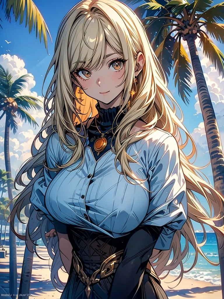 masterpiece, rich colors, Best quality, detailed, high resolution, Hyper quality, high detail, , high quality, detailing, skinny sexy girl on the beach , bright lighting , Brown eyes, Anime, palm trees, bright lighting, blonde,