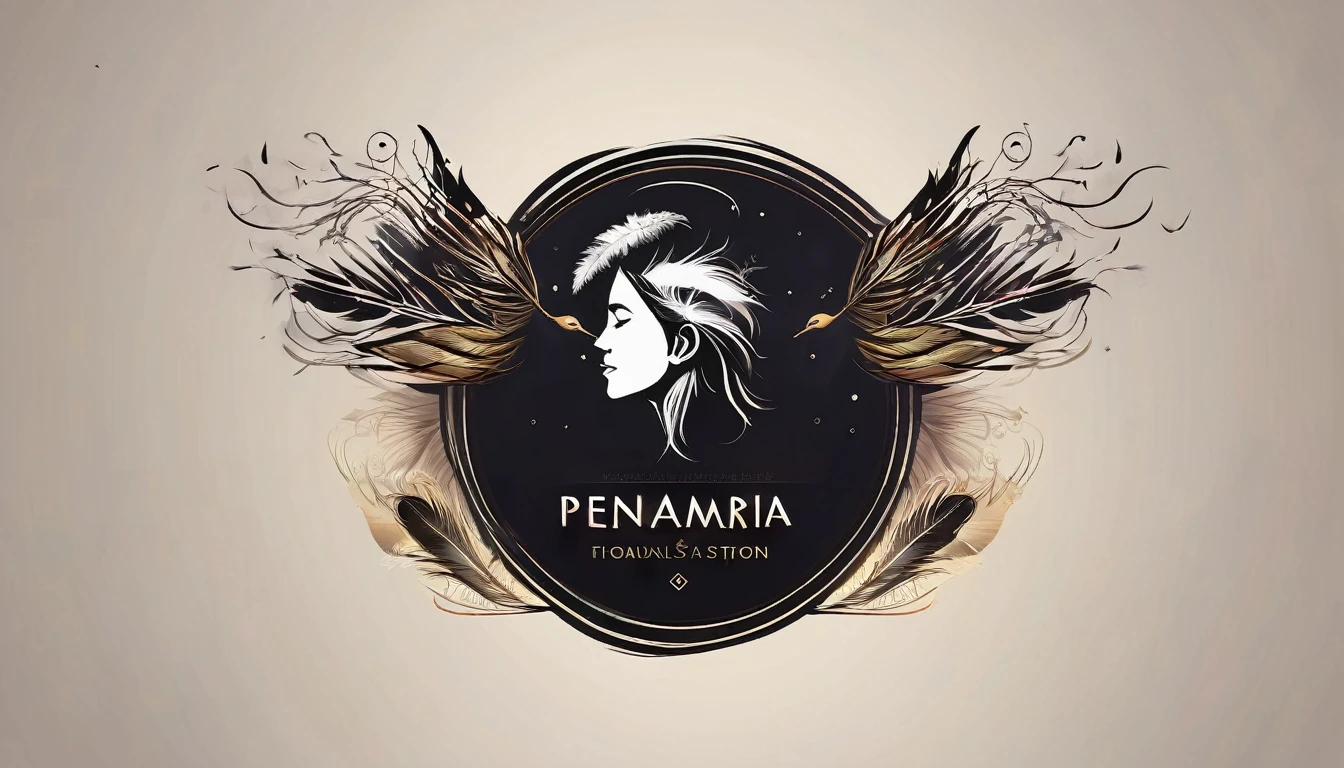 Create a professional, fantastic, cinematic dream-like Youtube Banner for a brand about music, stories, fantasy and dreams called " Penamemoria". Masterpiece, 4k, sharp focus, highest quality,wide shot. The title is " Penamemoria". Is a brand about the creative, unique journey of a boy into becoming a musician storyteller inspired by feathers and birds. Modern logo design of a boy and a feather. The logo must convey a sense of memories and dreams.