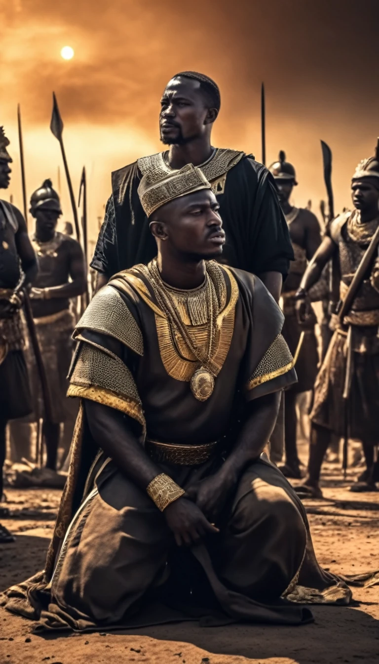 A dramatic scene of an African emperor about to execute his kneeling brother outside between two armies, intricate details, highly realistic, cinematic lighting, gritty, outside destroyed bacground, chiaroscuro, dark moody colors, powerful, tense atmosphere, masterpiece, best quality, 8k, HDR, physically-based rendering, ultra-detailed, sharp focus