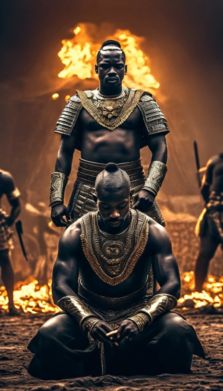 A dramatic scene of an African emperor about to execute his kneeling brother outside between two armies, intricate details, highly realistic, cinematic lighting, gritty, outside destroyed bacground, chiaroscuro, dark moody colors, powerful, tense atmosphere, masterpiece, best quality, 8k, HDR, physically-based rendering, ultra-detailed, sharp focus