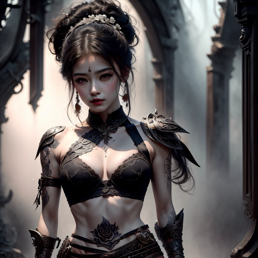 there is a painting of a girl wearing a bra and panties, and there are tattoos all over her, 1girl, solo, breasts, black flower, shoulder armor, navel, bikini, black rose, tattoo, looking at viewer, thigh strap, armor, braid, hair ornament, flower, belt, leg tattoo, pauldrons, grey eyes, weapon, ponytail, (masterpiece), (((best quality))), ((ultra-detailed)),perfect body, perfect anatomy,(masterpiece), (best quality:1.4), (ultra high res:1.2), (sharp focus:1.3),detailed breasts, ((huge breasts)),breasts, (female): solo, (perfect face), (detailed outfit), cute female,perfecteyes,AddXL,hkstyle, 