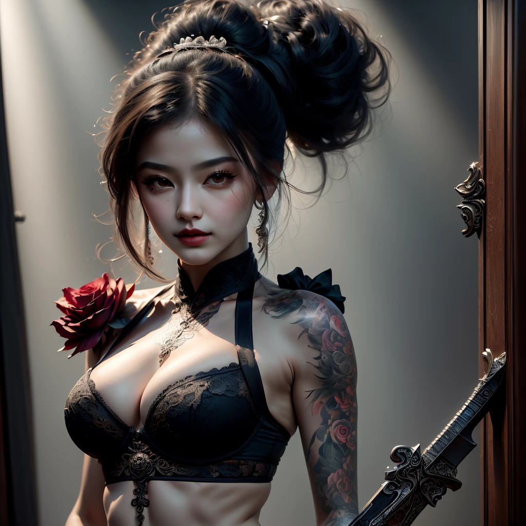 there is a painting of a girl wearing a bra and panties, and there are tattoos all over her, 1girl, solo, breasts, black flower, shoulder armor, navel, bikini, black rose, tattoo, looking at viewer, thigh strap, armor, braid, hair ornament, flower, belt, leg tattoo, pauldrons, grey eyes, weapon, ponytail, (masterpiece), (((best quality))), ((ultra-detailed)),perfect body, perfect anatomy,(masterpiece), (best quality:1.4), (ultra high res:1.2), (sharp focus:1.3),detailed breasts, ((huge breasts)),breasts, (female): solo, (perfect face), (detailed outfit), cute female,perfecteyes,AddXL,hkstyle, 