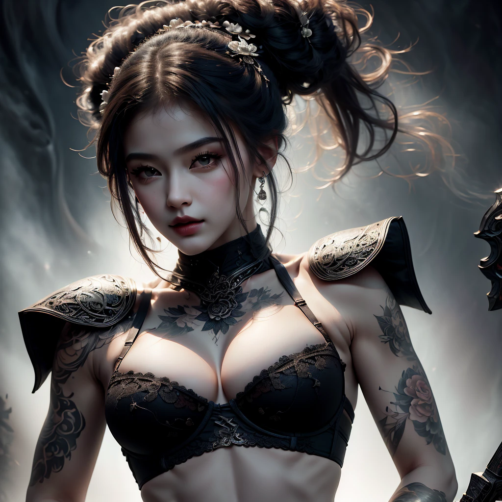 there is a painting of a girl wearing a bra and panties, and there are tattoos all over her, 1girl, solo, breasts, black flower, shoulder armor, navel, bikini, black rose, tattoo, looking at viewer, thigh strap, armor, braid, hair ornament, flower, belt, leg tattoo, pauldrons, grey eyes, weapon, ponytail, (masterpiece), (((best quality))), ((ultra-detailed)),perfect body, perfect anatomy,(masterpiece), (best quality:1.4), (ultra high res:1.2), (sharp focus:1.3),detailed breasts, ((huge breasts)),breasts, (female): solo, (perfect face), (detailed outfit), cute female,perfecteyes,AddXL,hkstyle, 