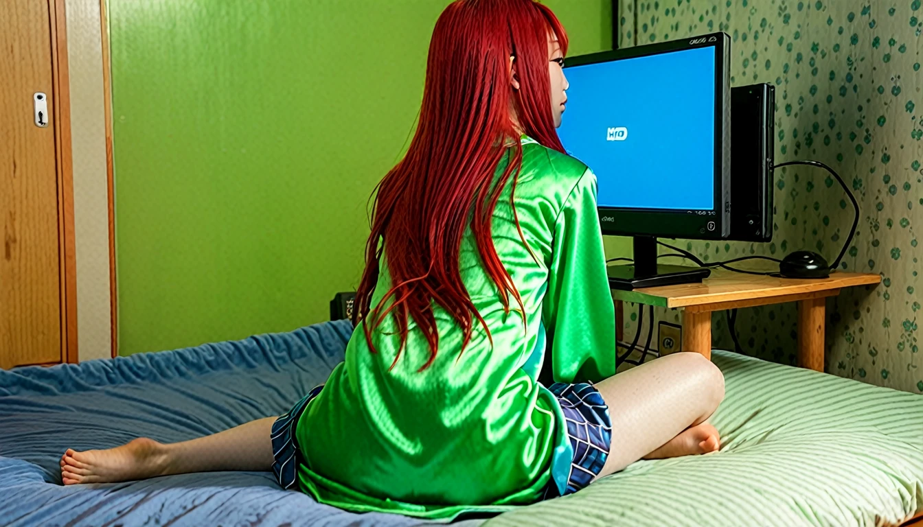 Uhd, photo of Cami, subject: Noriko, 1/2 Japanese 1/2 Hainu skinny girl with long red hair sitting in a bed using the portable computer between her legs, viewed from behind, blue+++ eye, LGBTQIA+, queer, punk style, wearing green long nightgown. Background: wooden bedroom.