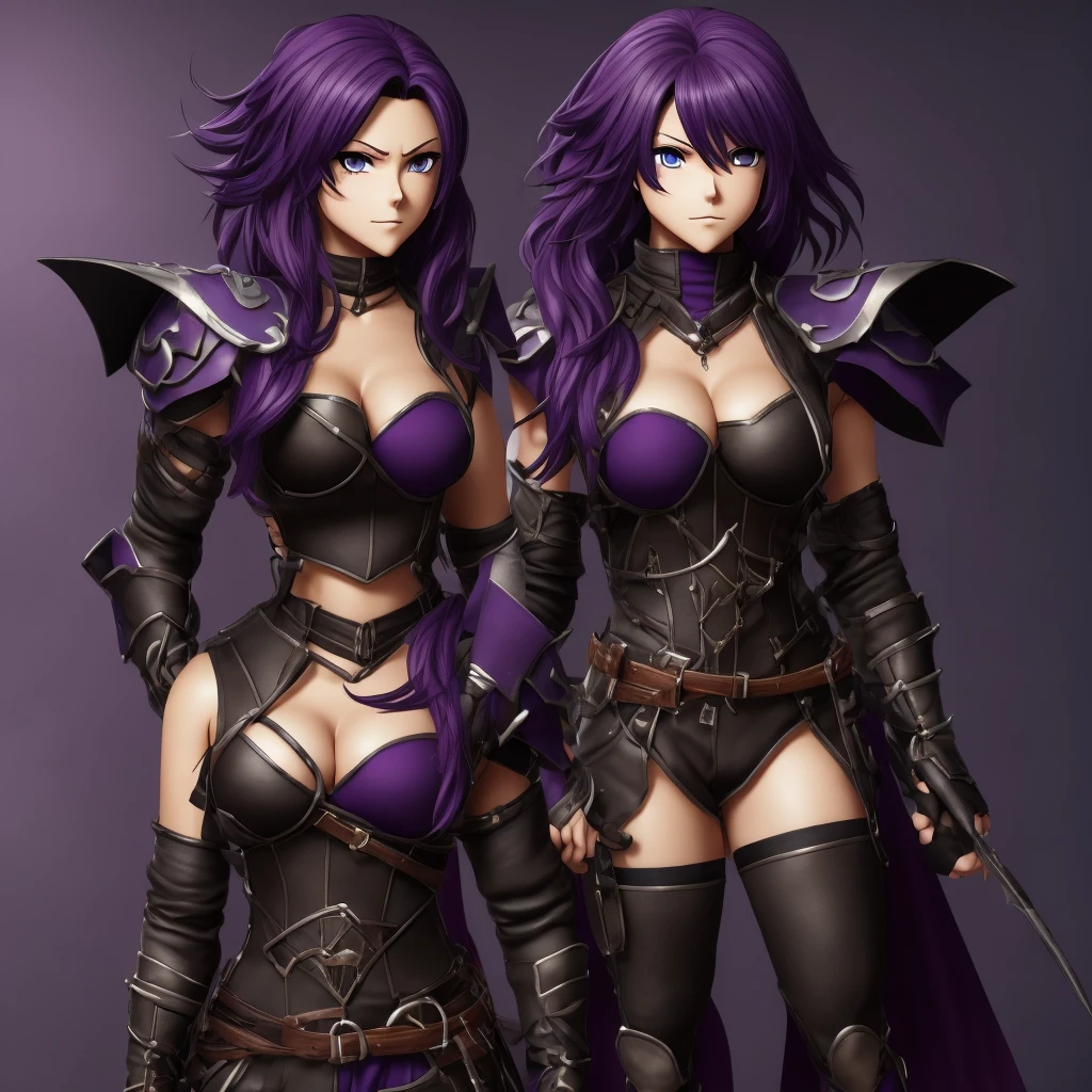 purple hair, shaggy hair, (woman knight full armor outfit:1.2), comparison, (drundr), clothed and lingerie, panties, bra, navel, belly, <lora:HD Horizon v1_0:0.5>,hd,4k, <lora:drundr_last:1.1>