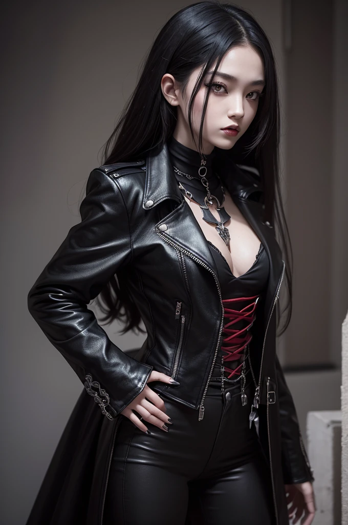 Aryana "Ary" Zhu has a striking and characteristic appearance. She looks , despite his real age being 544 years. Your skin is pale, contrasting with his intense amber eyes. Your hair is wavy, with red highlights that highlight your presence even more. as a vampire, your eyes can turn black and your fangs extend, giving it an even more menacing appearance. Ary has a gothic and mysterious aesthetic, often wearing black and red clothing, corsets and nude leather jackets. She also likes accessories that complement her style., like pantyhose and jewelry with gothic details.