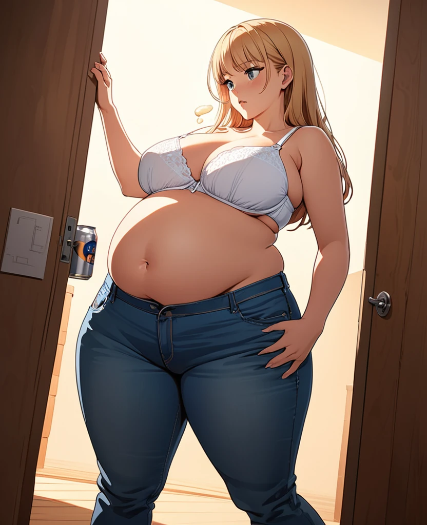 detailed illustration (side view),dynamic angle, ultra-detailed, illustration, clean line art, shading, anime, detailed eyes, detailed face, beautiful face, dramatic lighting, detailed illustration, dynamic angle, ultra-detailed, illustration, sensual face, gorgeous face, tired, annoyed look on face,
tired, annoyed look on face, Mom bod, woman in her 30s, milf, white reinforced bra, mom jeans, jeans unbuttoned, unzipped jeans, thick, plump, blue eyes, blonde hair, pear shaped body, big ass, massive sagging full , clothes tight, wide hips, beer belly, chubby, breasts overflowing bra cups, drinking, beer cans, background of a pool house interior, belly spilling out of unzipped pants, nighttime, moonscape outside windows, BBW, bloated belly, belly jiggle, pants unzipped, pants unbuttoned, pants open, left hand bracing on door frame,