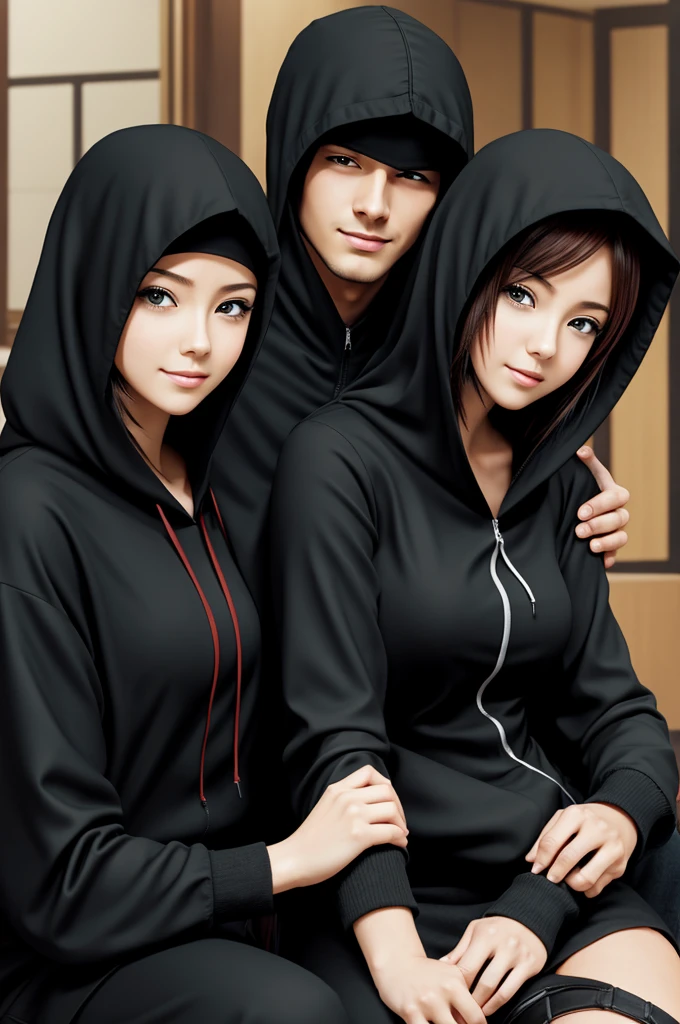 anime style woman, sitting with an arrow in her chest, with an expression of pleasure, holding hands with a man wearing a black hood