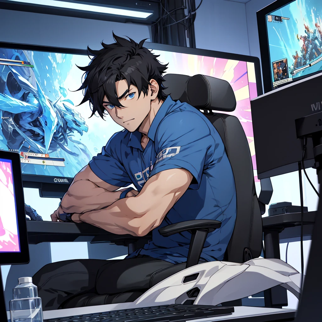 Best quality: 1.0), (Super High Resolution: 1.0), Anime boy, short black hair, blue eyes, sitting in front of computer playing games, background in esports room,