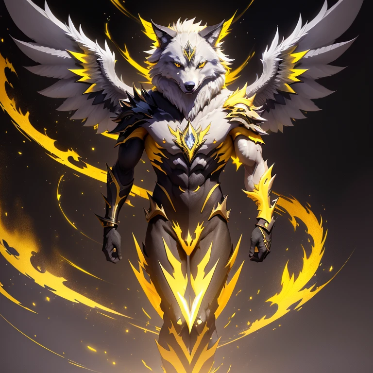 (1 wolf) full body, a white eyed dark yellow wolf, a winged four pointy ears dark yellow wolf with dark yellow lightning, dark yellow spike feathers, dark yellow spike wings, dark yellow energy around, dark yellow thunderstorm background, dark yellow electricity
