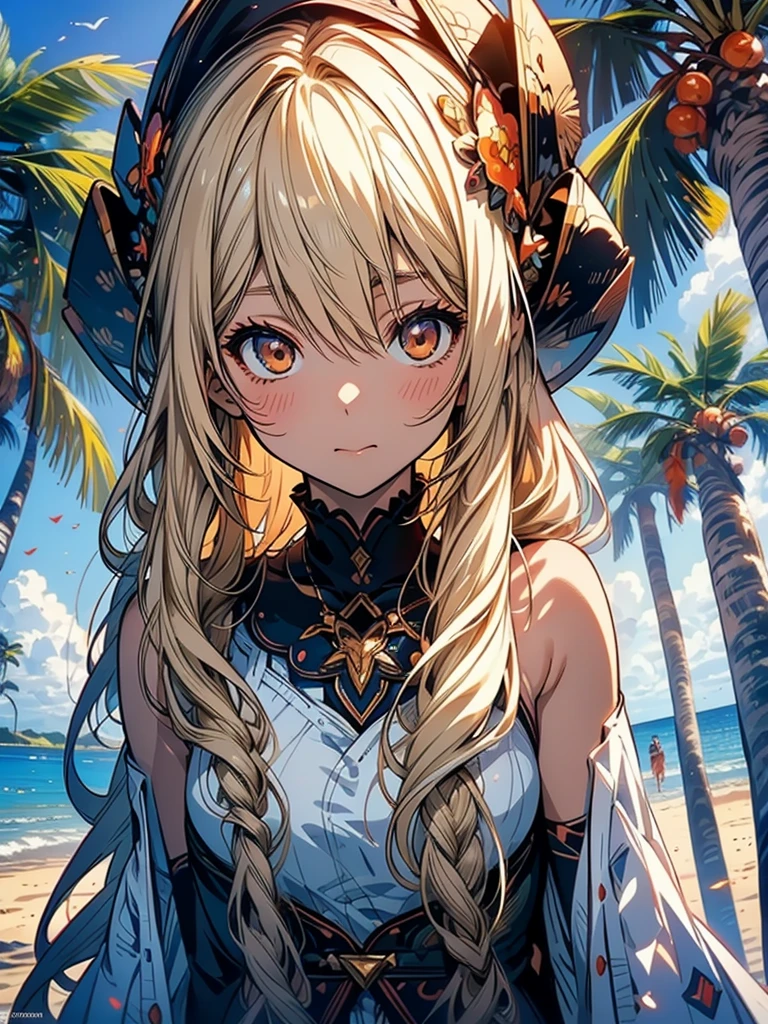 masterpiece, rich colors, Best quality, detailed, high resolution, Hyper quality, high detail, , high quality, detailing, skinny sexy girl on the beach , bright lighting , Brown eyes, Anime, palm trees, bright lighting, blonde,