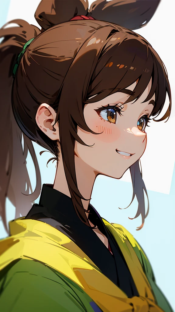 1 Girl、Anime-style paintings、Brown hair in a ponytail, Show your ears, profile、Upper body close-up、Grin