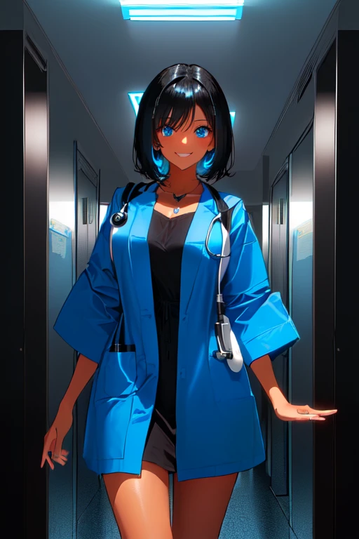 ((tanned young woman), ((short black hair, blue colored eyes,)), slim and beautiful smile, ((dressed in an open doctor&#39;s coat, breasts showing, hardnipples), white panties cut into the ass and pussy)), (( moist vagina )), red lipgloss stick, (( standing backwards, showing the ass,looking at the camera)), Masterpiece artwork, high qualiy, back-illuminated)) (( with open legs )) 