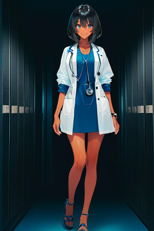 ((tanned young woman), ((short black hair, blue colored eyes,)), slim and beautiful smile, ((dressed in an open doctor&#39;s coat, breasts showing, hardnipples), white panties cut into the ass and pussy)), (( moist vagina )), red lipgloss stick, (( standing backwards, showing the ass,looking at the camera)), Masterpiece artwork, high qualiy, back-illuminated)) (( with open legs )) 