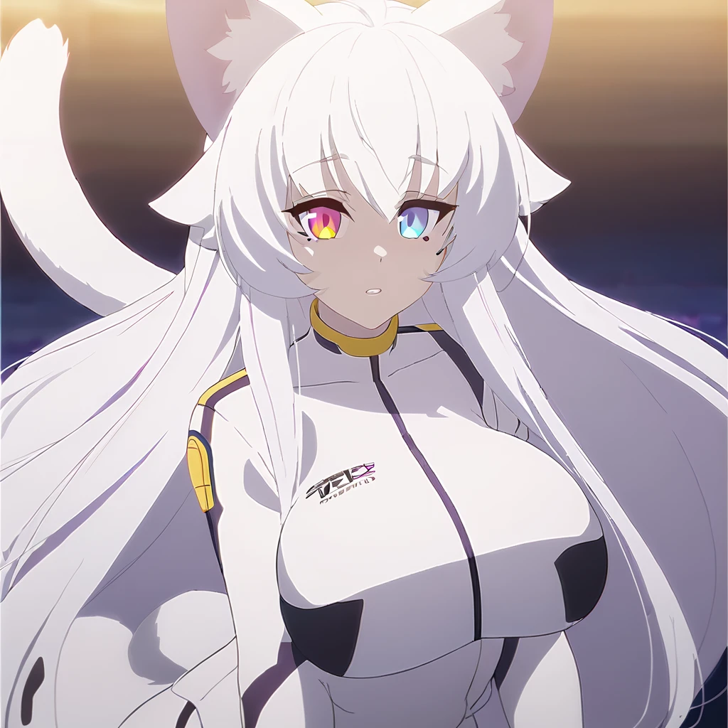 beautiful white neko, long white neko ears, white neko tail, anime style, purple eye, blue eye, big breasts, extremely detailed eyes and face, Wearing White and Purple Race Suit, white long hair, heterochromia, wide waist, mature woman, black small beauty mark under right eye