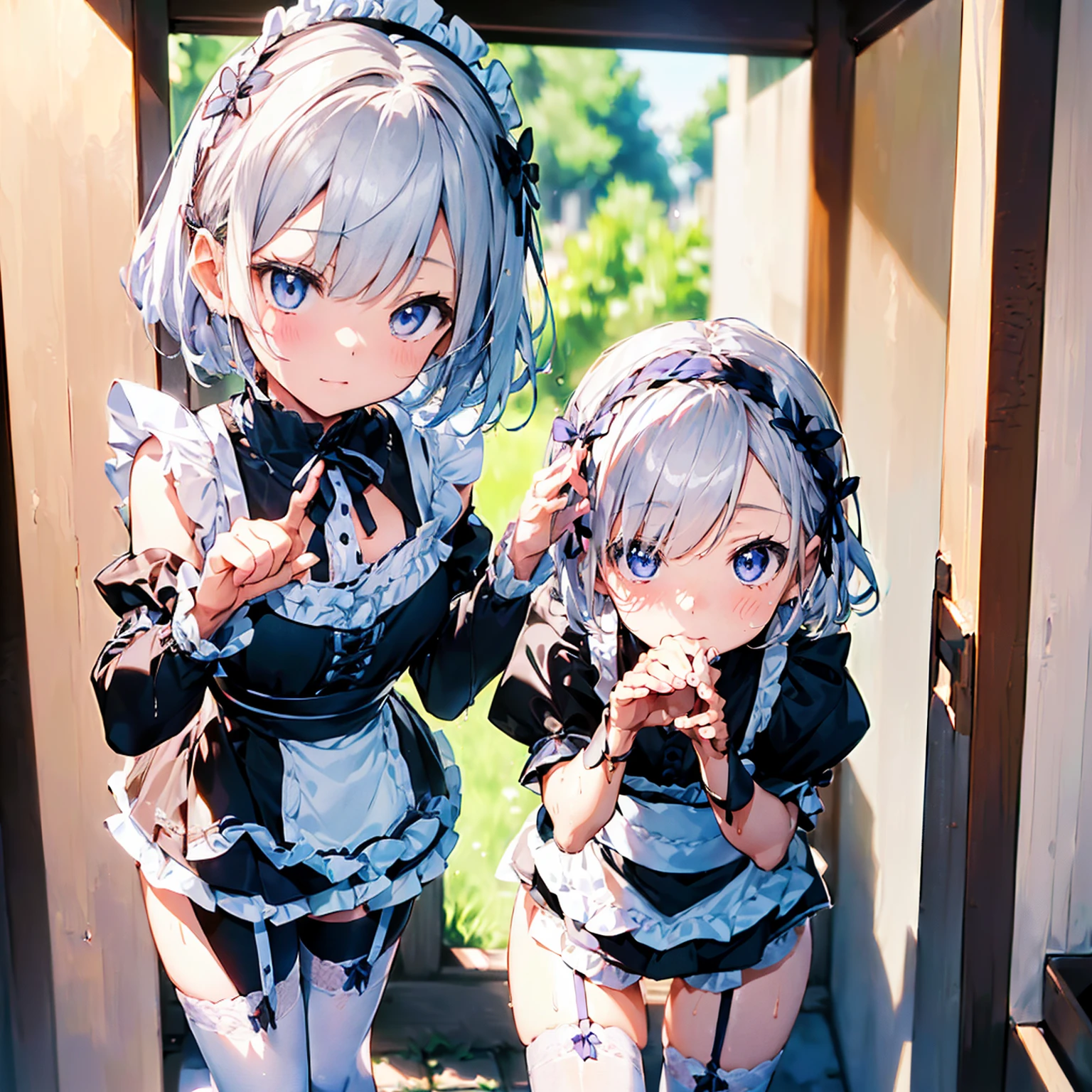 NSFW, BREAK (((Peeing:1.5、Pee:1.5))), BREAK(((Shooting from below)))、The whole body is visible,bedroom,(((Urinating、holding a urinal))), BREAK (((Test:1.5))),(((official art、highest quality、Unity 8k wallpaper、32k:1.5、masterpiece、super detailed、超high resolution、realistic、Photoreal:1.2)))、(cinematic lighting:1.2)、fire glow effect、film grain、best shadows、rim lighting、side light、(Super detailed and complex 3D rendering)、beautiful background、detailed beautiful face and eyes、(Beautiful and sharp pupilasterpiece, high resolution、highest quality, Ultra - High resolution, maximum resolution, very detailed, professional lighting, beautiful skin,BREAK, (Perfect hands, Perfect Anatomy,Detailed Eyes:1.5,Fine eyes:1.5),(((rem, sky blue eyes, silver hair, hair ornament, hair over one eye, hair ribbon, short hair, x hair ornament))),(((apron, black ribbon, black skirt, black sleeves, detached collar, detached sleeves, apron, frilled skirt, frills, head wreath, long sleeves, maid, Miniskirt, neck ribbon, purple ribbon, ribbon, ribbon trim, ribbon-trimmed sleeves, roswaal mansion maid uniform, short hair, skirt, thighhighs, waist apron, white apron, white thighhighs,Off the shoulder))), (((Focus on the chest、Pay attention to the panties))),BREAK(((saliva、糸ひくsaliva、A clear liquid is spilling from his mouth and dripping down his chin..5))) , (((Surprisingly huge amounts of semen on head, chest and thighs))),BREAK 太い輪郭:1.3、Fine contours,BREAK (((非常にFine eyes、Eyes that reflect the light and shine beautifully:1.3、Highly detailed face、Clear Eyes)))、Beautiful Skin、Fair skin、bright、(((Beautiful silver hair:1.3))),BREAK (((6 years old:1.3))),Detailed face, Detailed skin, Detailed clothing, Detailed fingers, Toned Legs,Small waist、Attractive thighs、Amazingly thin legs、Incredibly slim thighs、smooth and beautiful thighs、 Beautiful legs with less unevenness、Her thighs are wet with an amazing amount of semen, BREAK 非常に大量の汗をかく,(((I-type Valley,,Amazingly large breasts:1.3、Amazingly plump and big breasts:1.5,Big Tits:1.5,Beautiful breasts、Beautiful breastsの形、Pointed Chest、The tip of the chest is sharp、Amazingly huge amount of cum and very wet all over the boobs:1.3))),BREAK (((spread your legs to the sides,:1.3,Spread your legs out to the side at 90 to 120 degrees:1.5)))、Attractive cleavage,Semen accumulation in cleavage、BREAK Water dripping from the crotch、BREAK 黒ガーター、Black leg garterlack knee-high socks、Mini skirt 30cm above the knee、Very small skirt,BREAK (((Small panties exposed:1.3、The crotch of the panties is wet))),BREAK シャツの第2ボタンと第3ボタンと第4ボタンと第5ボタンが外れている,BREAK ブラウンのローファー,BREAK (((Perfect vaginal shape、Fine vagina))) ,BREAK (((口を大きく開けてsalivaを大量にたらす:1.5、Detailed Mouth:1.5、blowjob mouth)))、(((I'm embarrassed and my cheeks are very flushed:1.5)))、Embarrassed and blushing,My cheeks are wet with a lot of sweat,((Lift up your skirt yourself、Lift the hem of a skirt:1.5)),