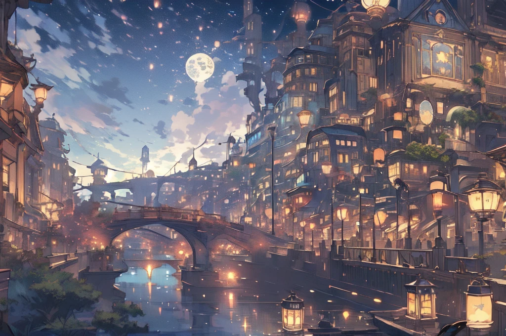 (masterpiece:1.2), best quality,PIXIV, Night scene,
scenery, sky, no humans, night, cloud, bridge, city, lantern, building, outdoors, cityscape, water, fantasy, lamppost, railing, lights, city lights, night sky, moon, watercraft, architecture, star (sky), boat, reflection, paper lantern