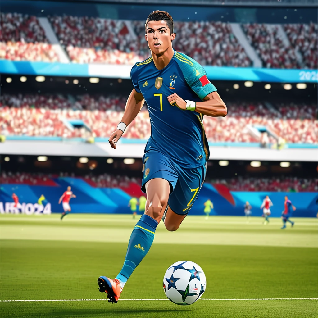A soccer player running with the ball on a soccer field, Cristiano Ronaldo, euro cup 2024, Masterpiece, The best quality, super detailed