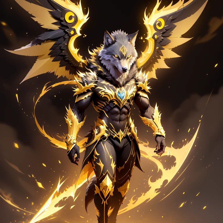 (1 wolf) full body, a white eyed dark yellow wolf, a winged four pointy ears dark yellow wolf with dark yellow lightning, dark yellow spike feathers, dark yellow spike wings, dark yellow energy around, dark yellow thunderstorm background, dark yellow electricity
