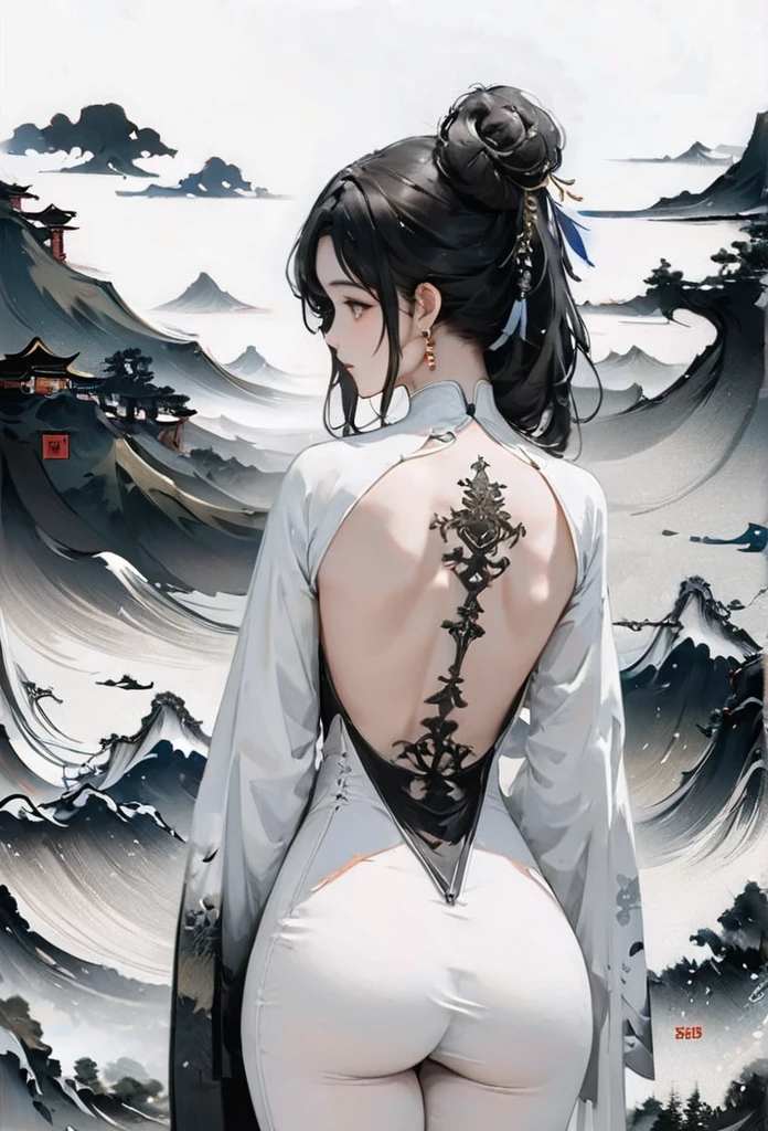 (Lots of white space:1.5),(Lots of white space around:1.6), White background, simple, Minimalism, abstract,Freehand,Aesthetic,black and white,Ink Painting,antiquity,a mountain,A cheongsam in the distance,(Back:1.7),A beautiful artistic illustration, author:Li Song, art in the style of Guweiz, arte shin jinyoung, Masterpiece by Guweiz, Ross chart 1. 0, Beautiful digital illustrations, Inspired by non-WLOP, Cute and cute digital art, jingna zhang, Guweiz, Stunning digital illustrations, big ass