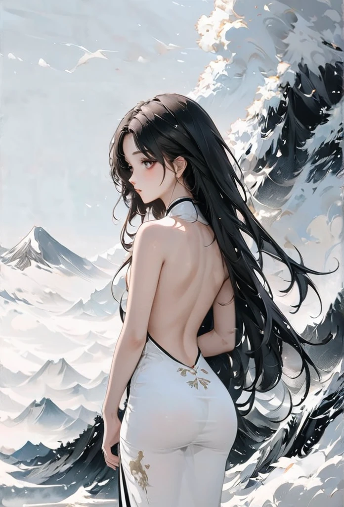 (Lots of white space:1.5)，(Lots of white space around:1.6), White background, simple, Minimalism, abstract,Freehand，Aesthetic，black and white，Ink Painting，antiquity，a mountain，A cheongsam in the distance，(Back:1.7),A beautiful artistic illustration, author：Li Song, art in the style of Guweiz, arte shin jinyoung, Masterpiece by Guweiz, Ross chart 1. 0, Beautiful digital illustrations, Inspired by non-WLOP, Cute and cute digital art, jingna zhang, Guweiz, Stunning digital illustrations, big ass