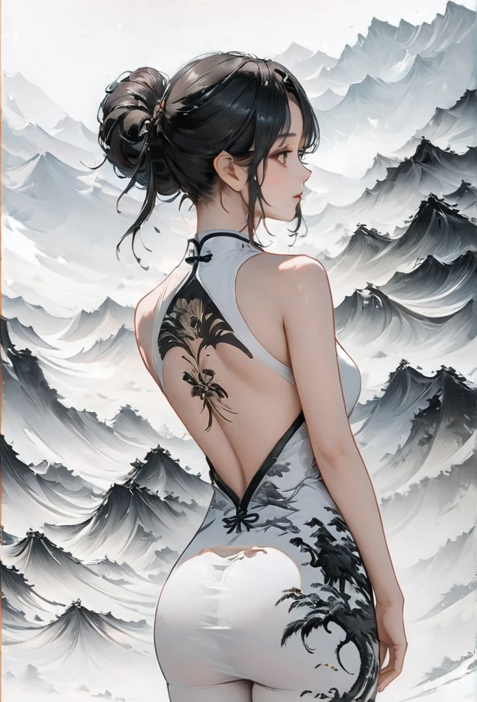 (Lots of white space:1.5)，(Lots of white space around:1.6), White background, simple, Minimalism, abstract,Freehand，Aesthetic，black and white，Ink Painting，antiquity，a mountain，A cheongsam in the distance，(Back:1.7),A beautiful artistic illustration, author：Li Song, art in the style of Guweiz, arte shin jinyoung, Masterpiece by Guweiz, Ross chart 1. 0, Beautiful digital illustrations, Inspired by non-WLOP, Cute and cute digital art, jingna zhang, Guweiz, Stunning digital illustrations, big ass