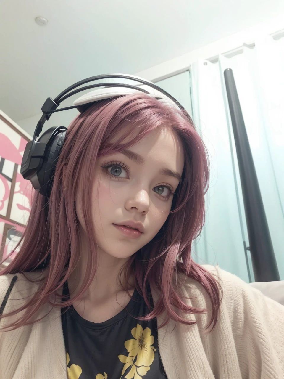 pink hair, breasts big