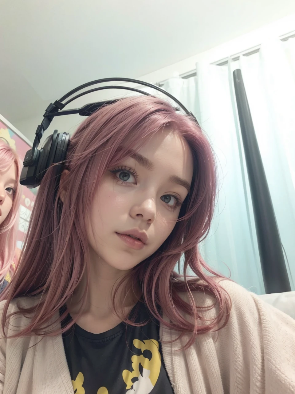 pink hair, breasts big