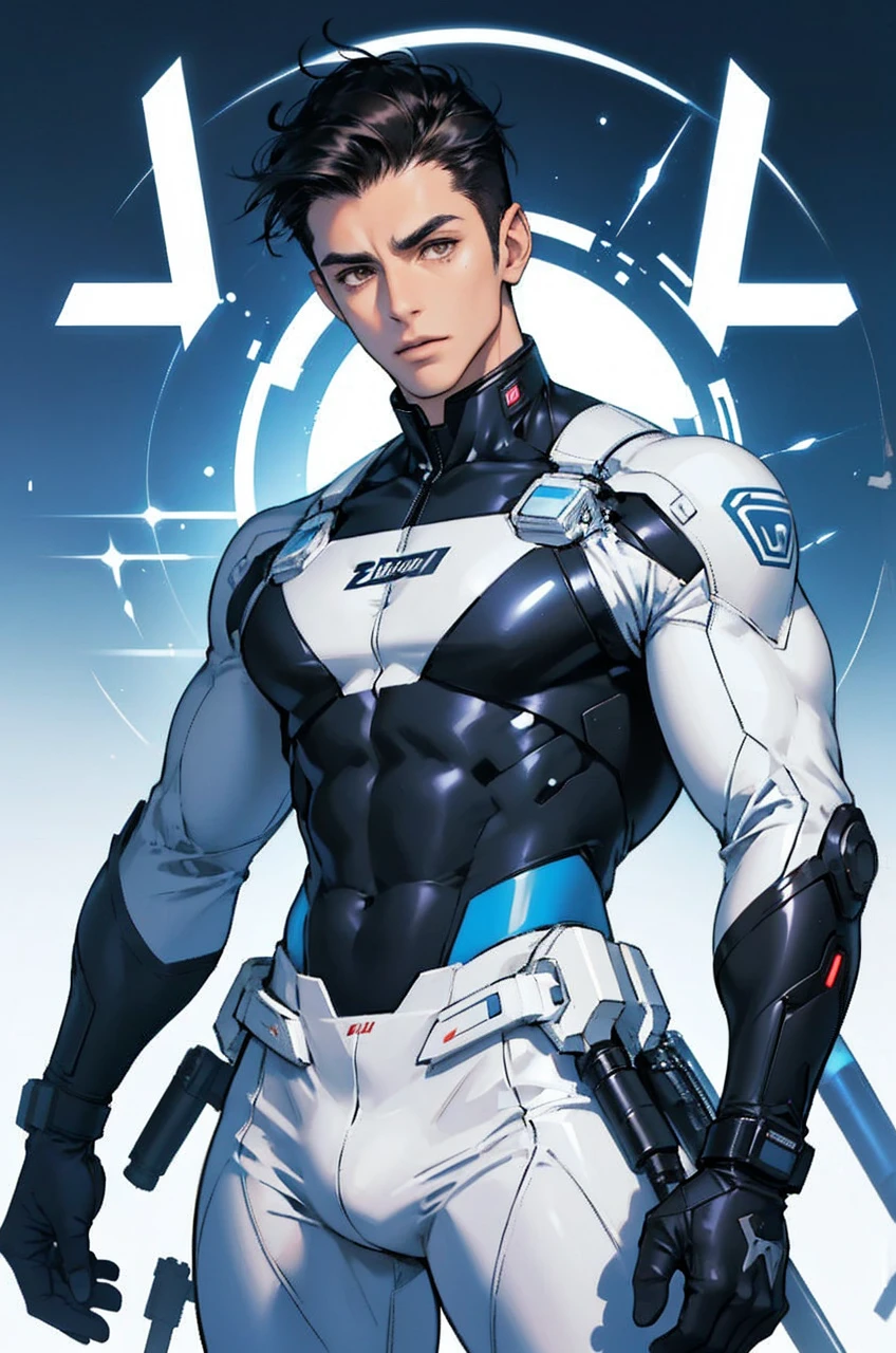 Handsome 20 year old cyborg Brown Eyes future universe Science fiction The background is the galaxy universe A very tight white and blue rubber suit Plug Suit Gloves looking at the camera White bulge Big chest muscles Narrow waist Big hips Very short black hair with bang Male slim muscular man Big bulge Big ass Big, long cock