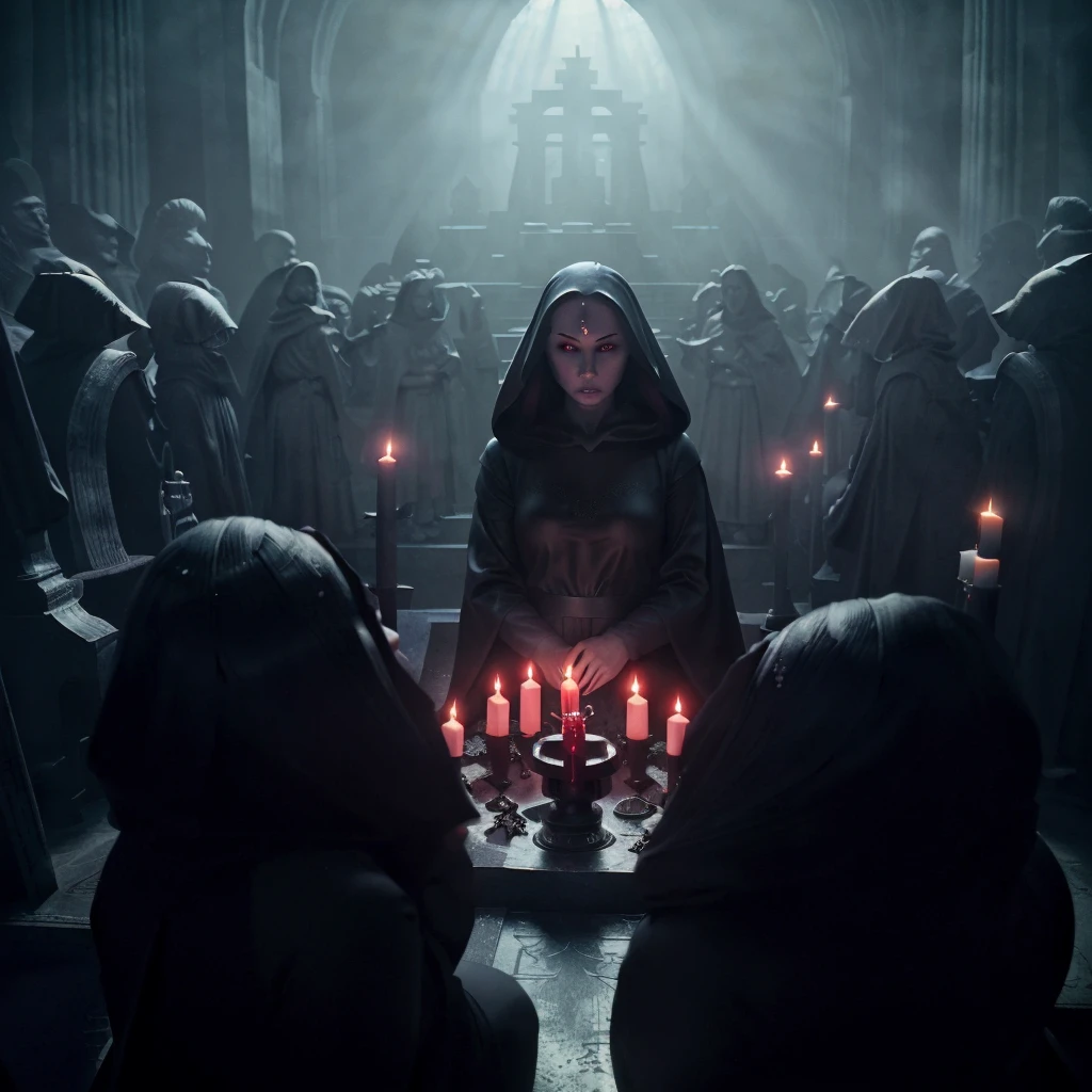 (very sharp result, cinematic desaturated photo) (((dramatic shading))), (((Best Quality))), (((masterpiece))) (((hyper realistic photo))) in starwars universe, gloomy sacred horror magical mood, dramatic backlight shadow, wide view of a sith temple, gothical room ambience, there`s many high priestess japanese girl in black cult hoodie, during a sacrifice ritual, pale skin, mysterious sinister bright red eyes sit at the centre of ritual altar, surrounded by high priestesses