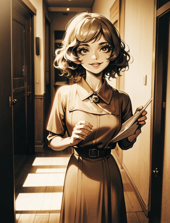 masterpiece photo, ((retro vintage)), photography, ((1940s vibe)), year 1940, 20 years old woman, vintage dress, smile, wavy hair, hd, color image, short hair