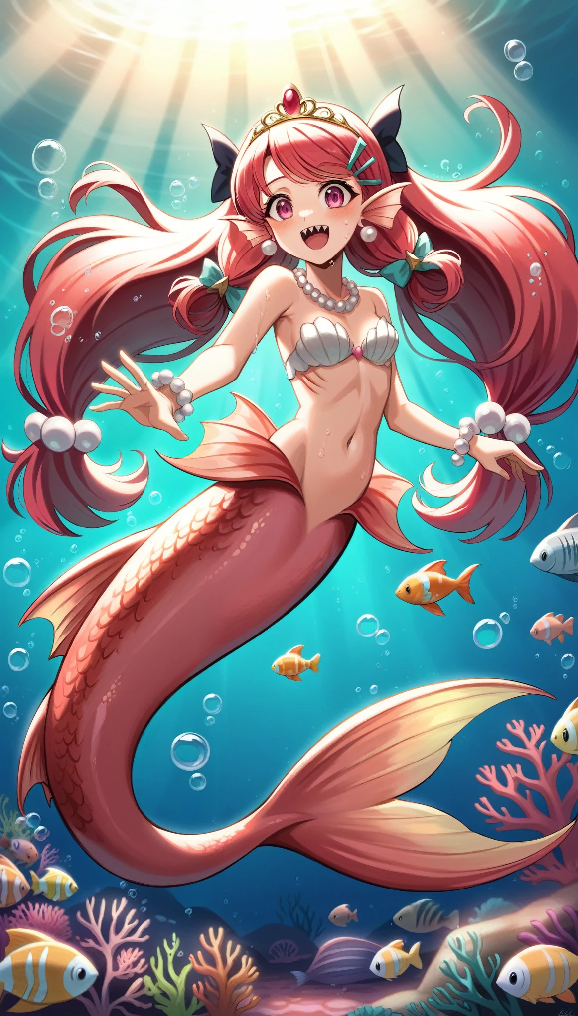 (best quality,4k,8k,highres,masterpiece:1.2),ultra-detailed, Pretty princess magically transformed into a beautiful mermaid, race swap, fantastic transformation, none human, steampunk, fish like, wet body, surrounded by small bubbles, long and detailed mermaid tail with shimmering red fish scales, fins ears, drawn in anime style, very long pigtails red hair, sharp teeth, is smiling, pink eyes, small breast, long pelvic and dorsal fins, pair of fish gills on the torso, red seashells bra, starfish hair clips, pearl earrings and bracelets, pearl necklace, hair ribbons, gold tiara, ocean depths, swimming underwater, joyful expression, playful mermaid poses, sparkling water, water reflections, ethereal atmosphere, subtle glow, whimsical and enchanting, checking her new body, underwater world, colorful coral reef, magical underwater lighting, vivid colors, breathing underwater, endless ocean depths, sunlight filtering through the water, Highly detailed, masterpiece, high quality, 4K.
