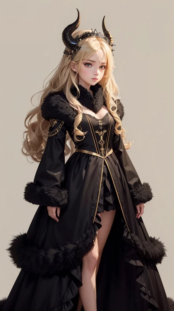 a girl with an elegant but powerful a girl with an elegant but powerful look, standing, full body, wavy blonde hair and mixed black strands, clothes with black and gold colors, with details on the clothes that resemble black fur, an accessory on her head like a black tiara with two small and delicate horns pointy, drawn like on paper, handmadelook, standing, full body, wavy blonde hair and mixed black strands, clothes with black and gold colors, with details on the clothes that resemble black fur, an accessory on her head like a black tiara with two small and delicate horns pointy, drawn like on paper, handmade
