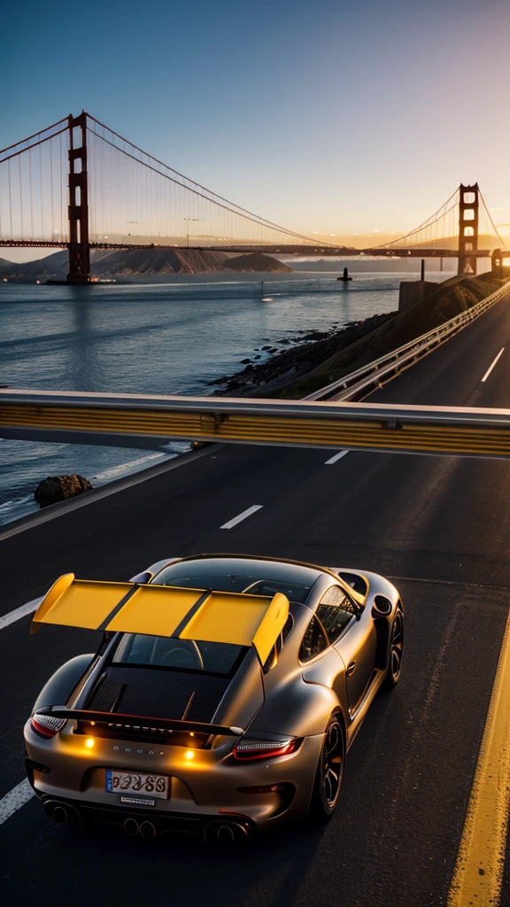 8k photorealistic scene of a customized, modified, Japanese style matte black porsche GT 90 driving down Golden Gate Bridge in the evening, at golden hour, highly detailed, ultra realistic, 