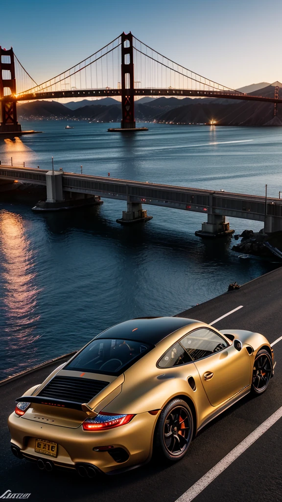 8k photorealistic scene of a customized, modified, Japanese style matte black porsche GT 90 driving down Golden Gate Bridge in the evening, at golden hour, highly detailed, ultra realistic,