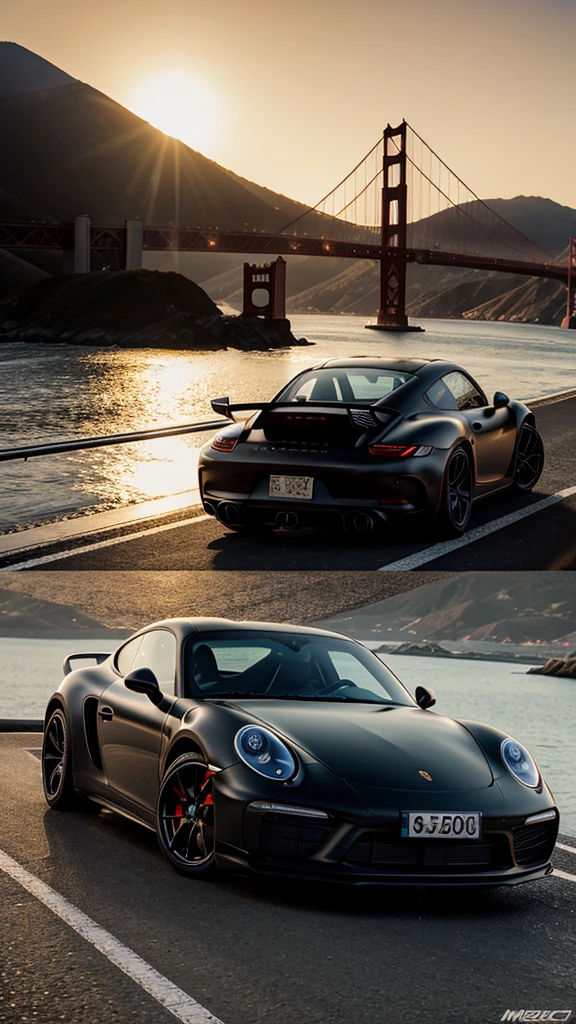 8k photorealistic scene of a customized, modified, Japanese style matte black porsche GT 90 driving down Golden Gate Bridge in the evening, at golden hour, highly detailed, ultra realistic, 
