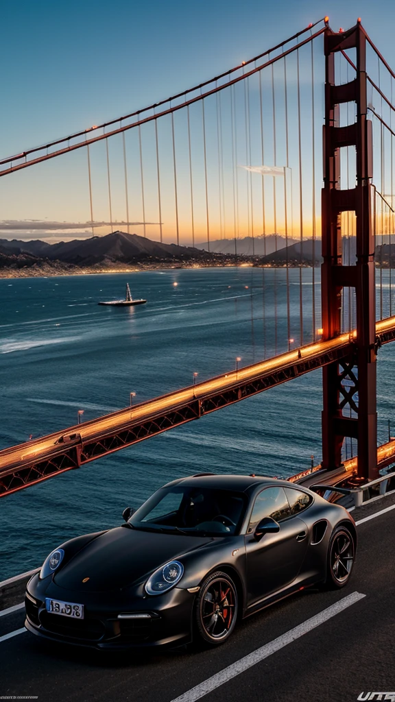 8k photorealistic scene of a customized, modified, Japanese style matte black porsche GT 90 driving down Golden Gate Bridge in the evening, at golden hour, highly detailed, ultra realistic,