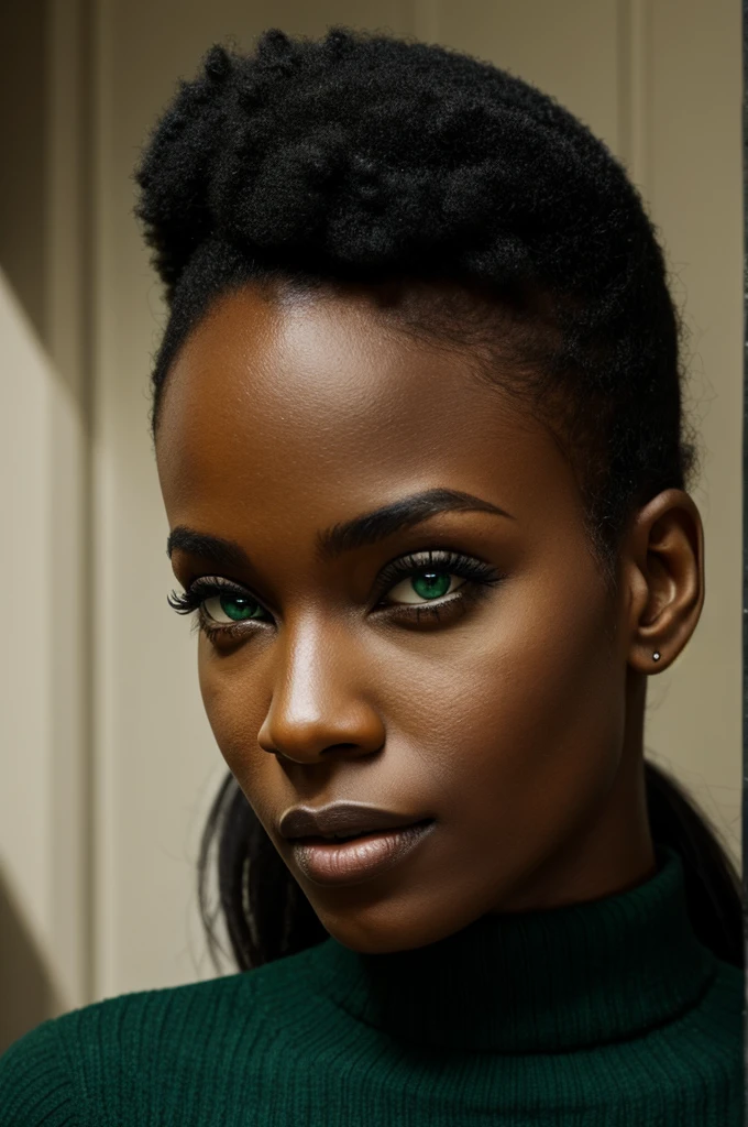 A very black woman with green eyes