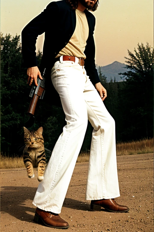 Make me a picture of Jesus in bell-bottoms with a gun and a flying cat next to him