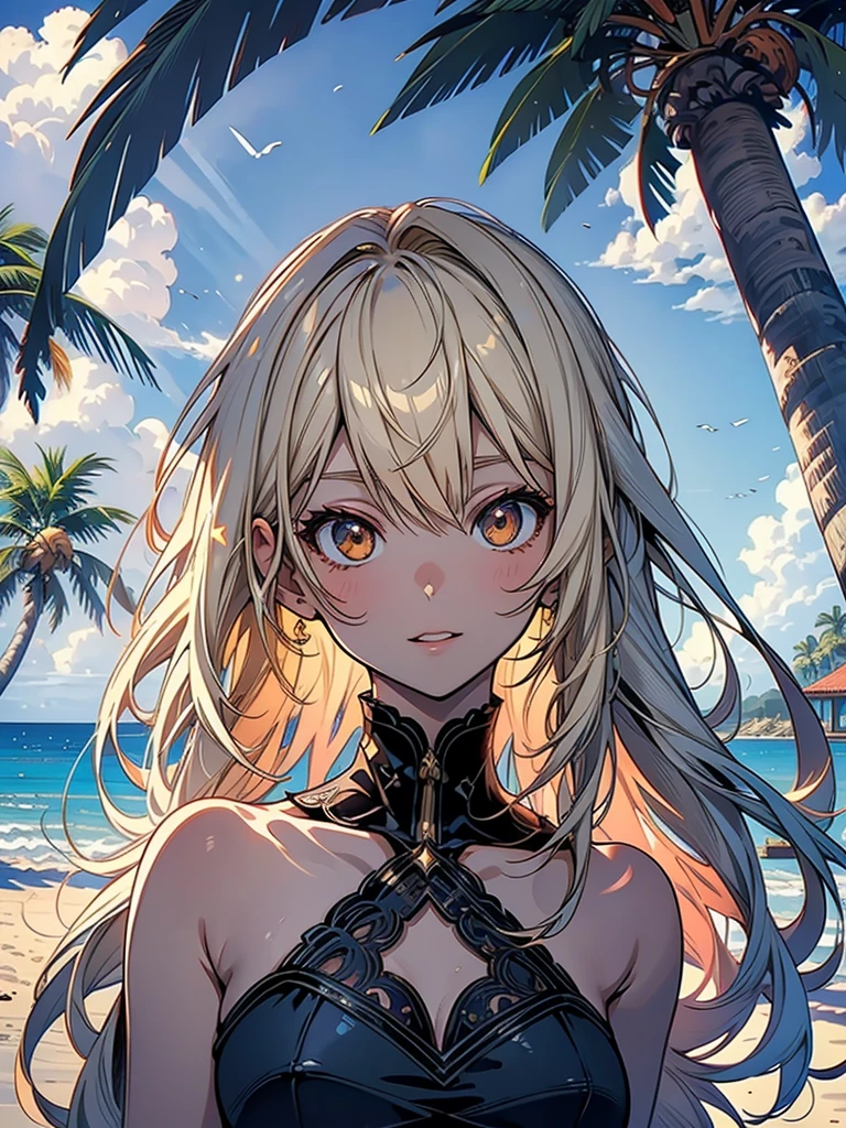 masterpiece, rich colors, Best quality, detailed, high resolution, Hyper quality, high detail, , high quality, detailing, skinny sexy girl on the beach , bright lighting , Brown eyes, Anime, palm trees, bright lighting, blonde,