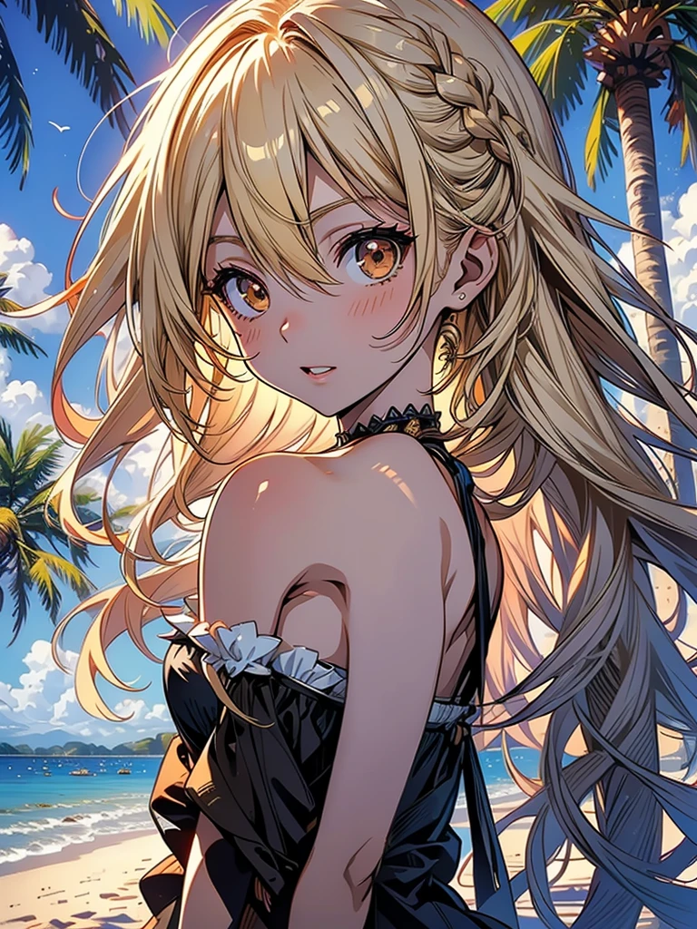 masterpiece, rich colors, Best quality, detailed, high resolution, Hyper quality, high detail, , high quality, detailing, skinny sexy girl on the beach , bright lighting , Brown eyes, Anime, palm trees, bright lighting, blonde,