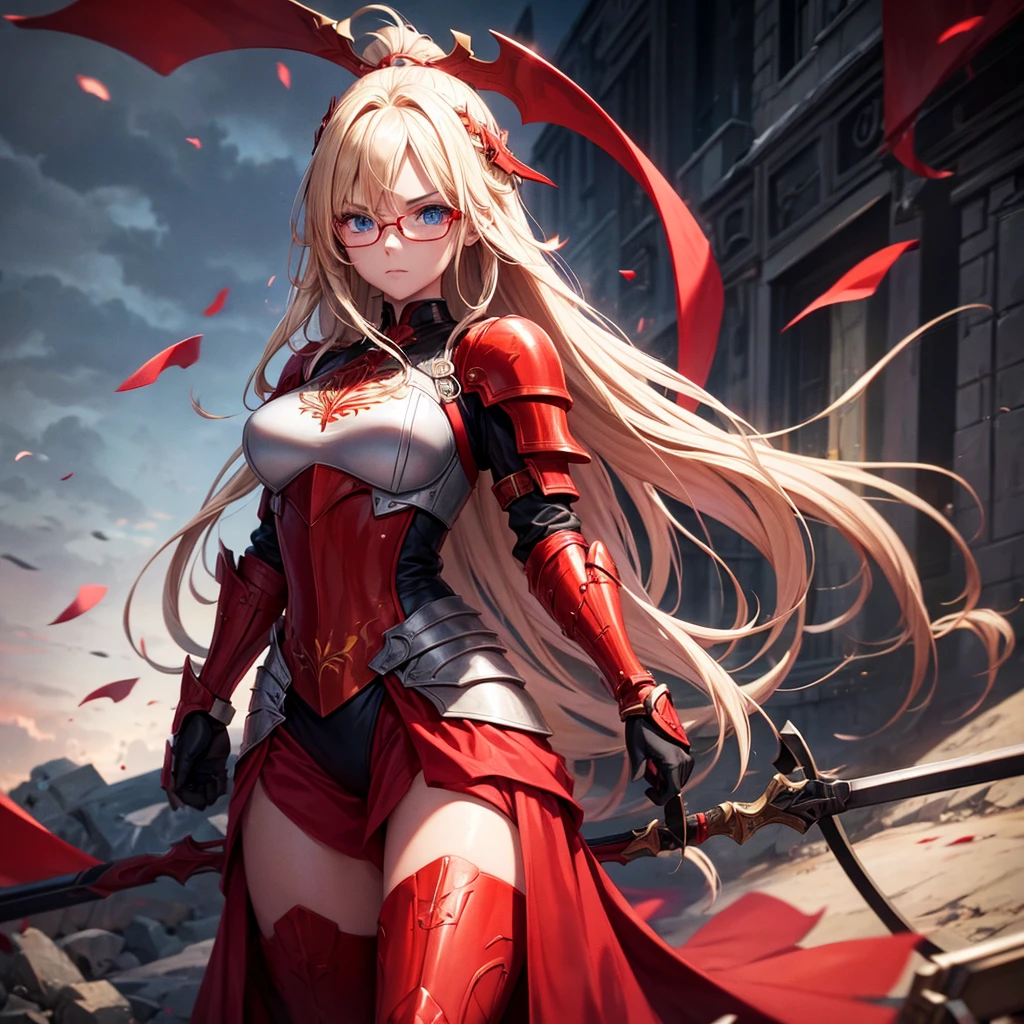 A young woman, with red armor, blue eyes, long blonde hair, wearing glasses, thin, murderous