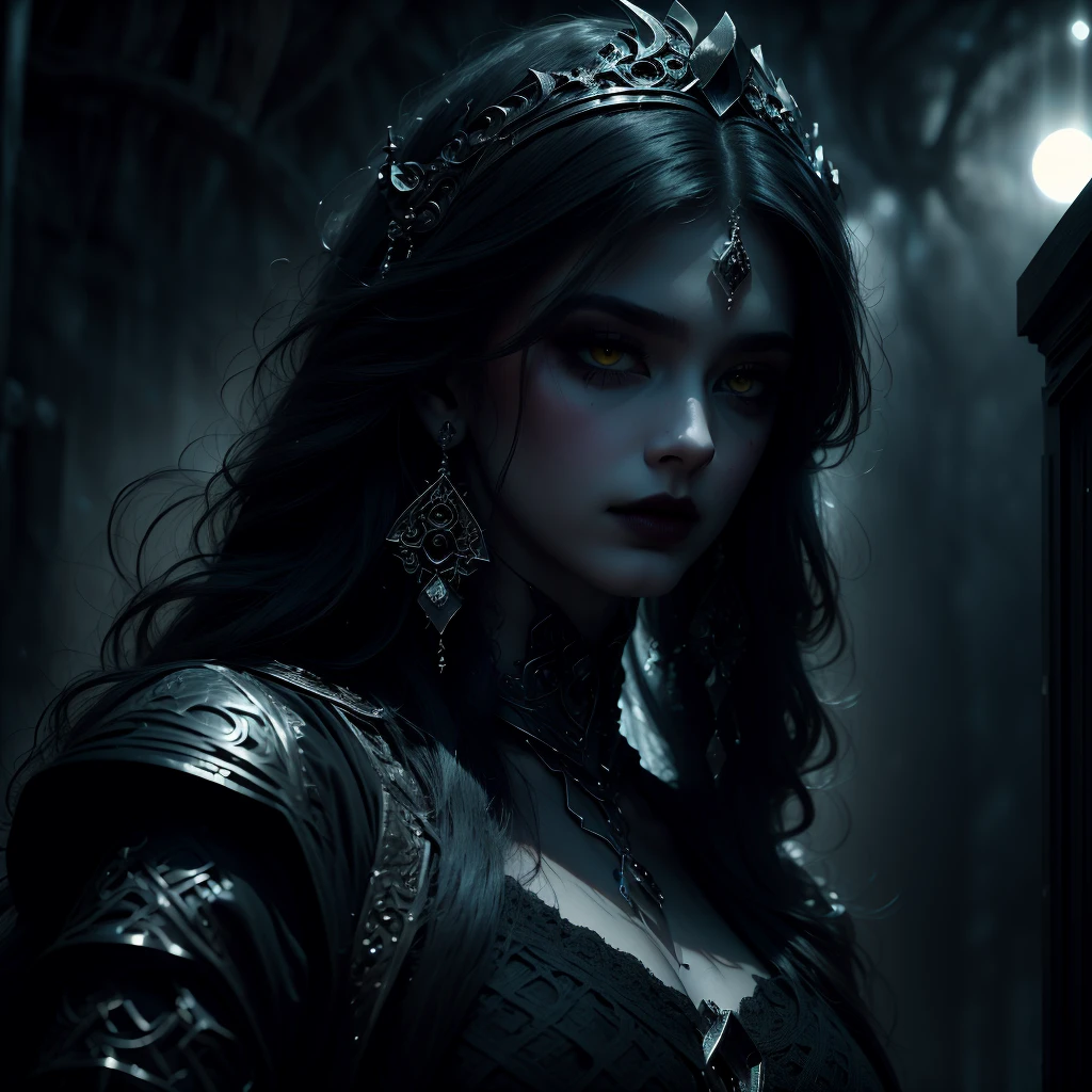 a gothic queen, demonic eyes, black armor, moon behind, 1 girl, solo, black hair, jewelry, long hair, looking at viewer, detailed lips, earrings, yellow eyes, (best quality,4k,8k,highres,masterpiece:1.2),ultra-detailed,(realistic,photorealistic,photo-realistic:1.37),gothic,dark fantasy,dramatic lighting,cinematic,dramatic pose,dramatic atmosphere,moody colors,dramatic shadows