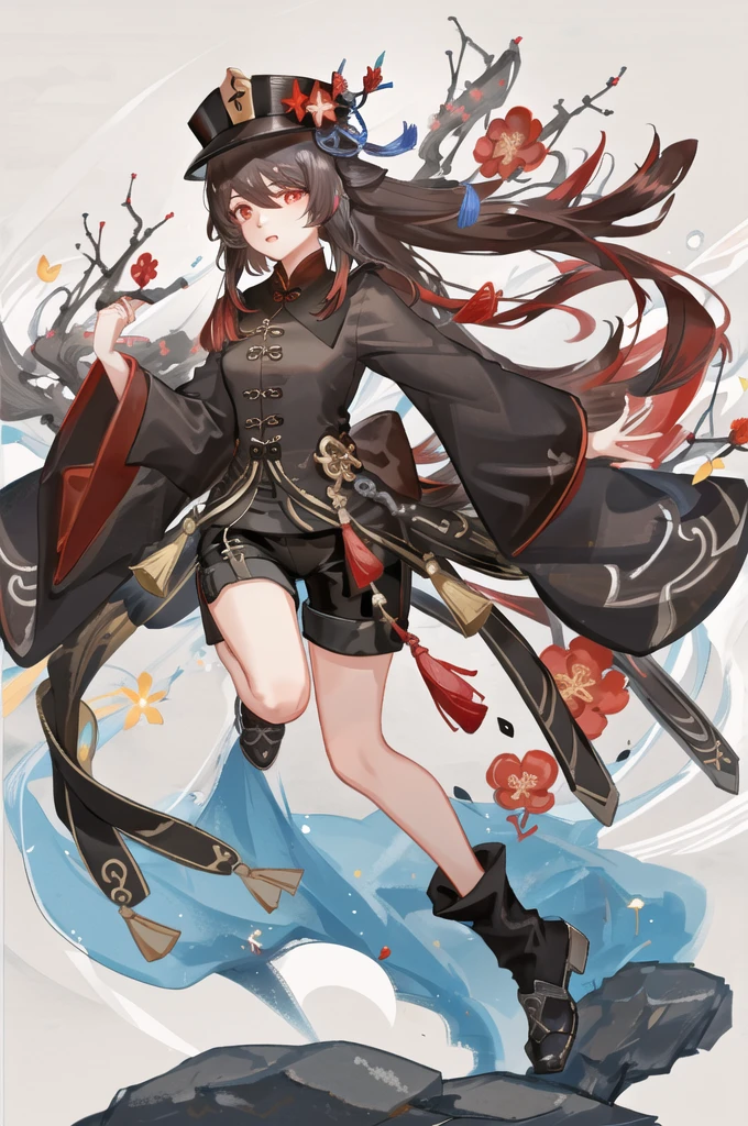masterpiece, best quality,detailed clothes,1girl, hu tao (genshin impact), boo tao,hat, red eyes, twintails, brown hair, solo, symbol-shaped pupils, long hair,bangs, black shorts , chinese clothes,(photo realistic:0.8),flower,looking at viewer,flower field,depth of field,fire