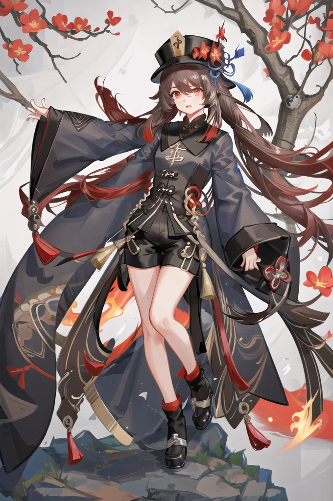 masterpiece, best quality,detailed clothes,1girl, hu tao (genshin impact), boo tao,hat, red eyes, twintails, brown hair, solo, symbol-shaped pupils, long hair,bangs, black shorts , chinese clothes,(photo realistic:0.8),flower,looking at viewer,flower field,depth of field,fire