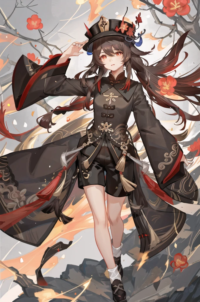 masterpiece, best quality,detailed clothes,1girl, hu tao (genshin impact), boo tao,hat, red eyes, twintails, brown hair, solo, symbol-shaped pupils, long hair,bangs, black shorts , chinese clothes,(photo realistic:0.8),flower,looking at viewer,flower field,depth of field,fire