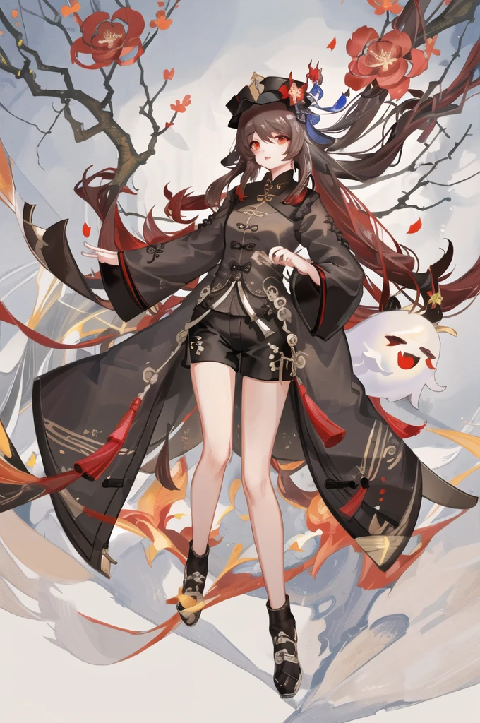 masterpiece, best quality,detailed clothes,1girl, hu tao (genshin impact), boo tao,hat, red eyes, twintails, brown hair, solo, symbol-shaped pupils, long hair,bangs, black shorts , chinese clothes,(photo realistic:0.8),flower,looking at viewer,flower field,depth of field,fire